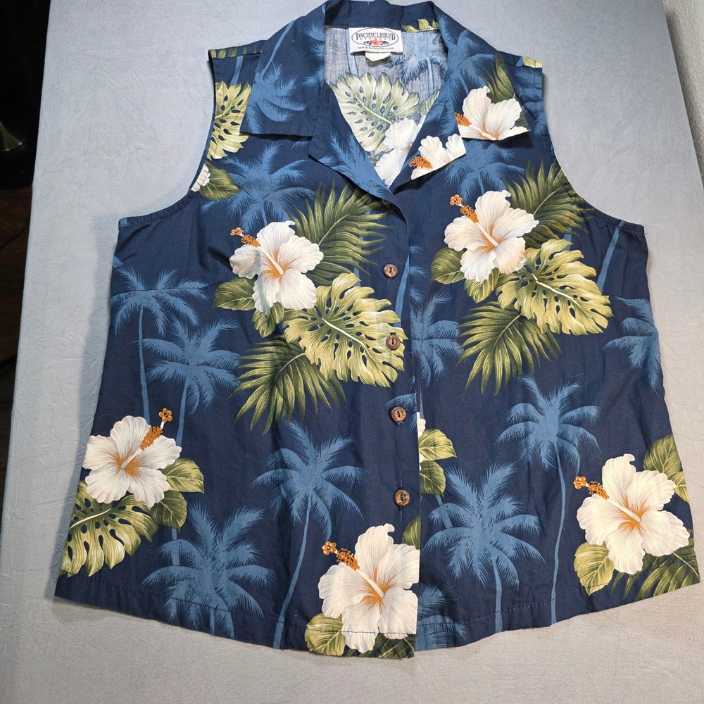 Pacific Legend Womens Navy Blue Hibiscus Tropical Floral Hawaiian Shirt Medium
